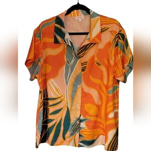 3/$30 Vitamin A Tropical Button Down Short-Sleeved Shirt, Linen Blend, Size L